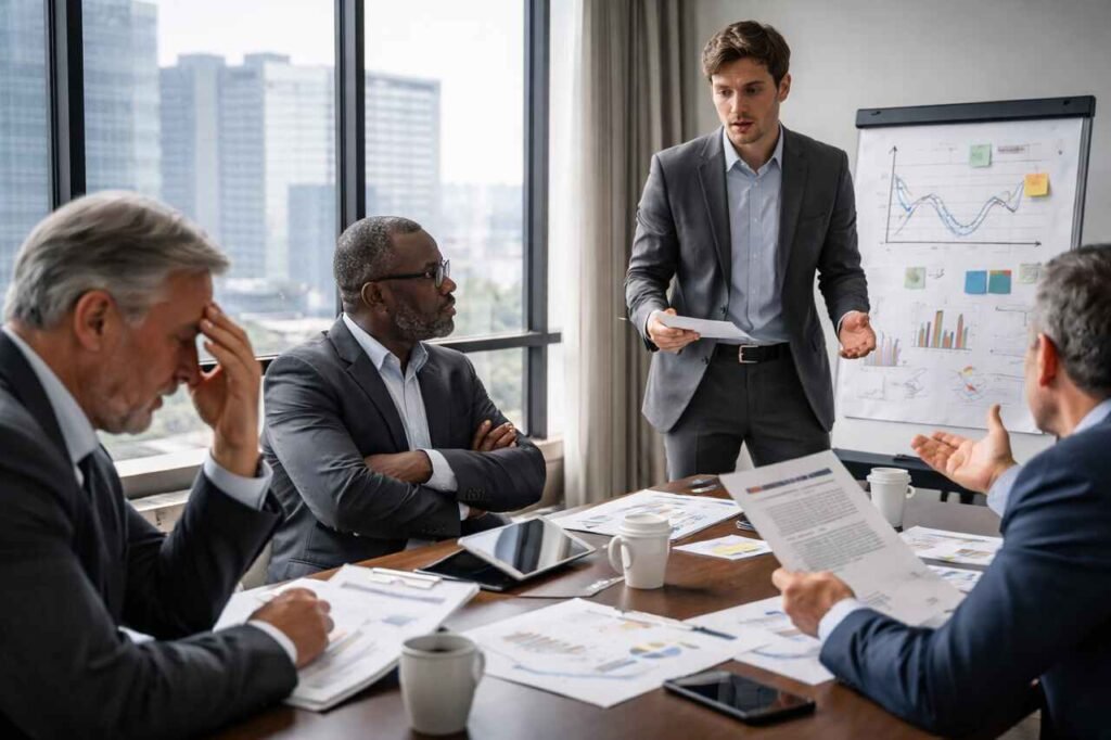 Why Business Plans Fail to Convince Investors in the United States Entrepreneur facing skeptical investors during a business plan pitch.