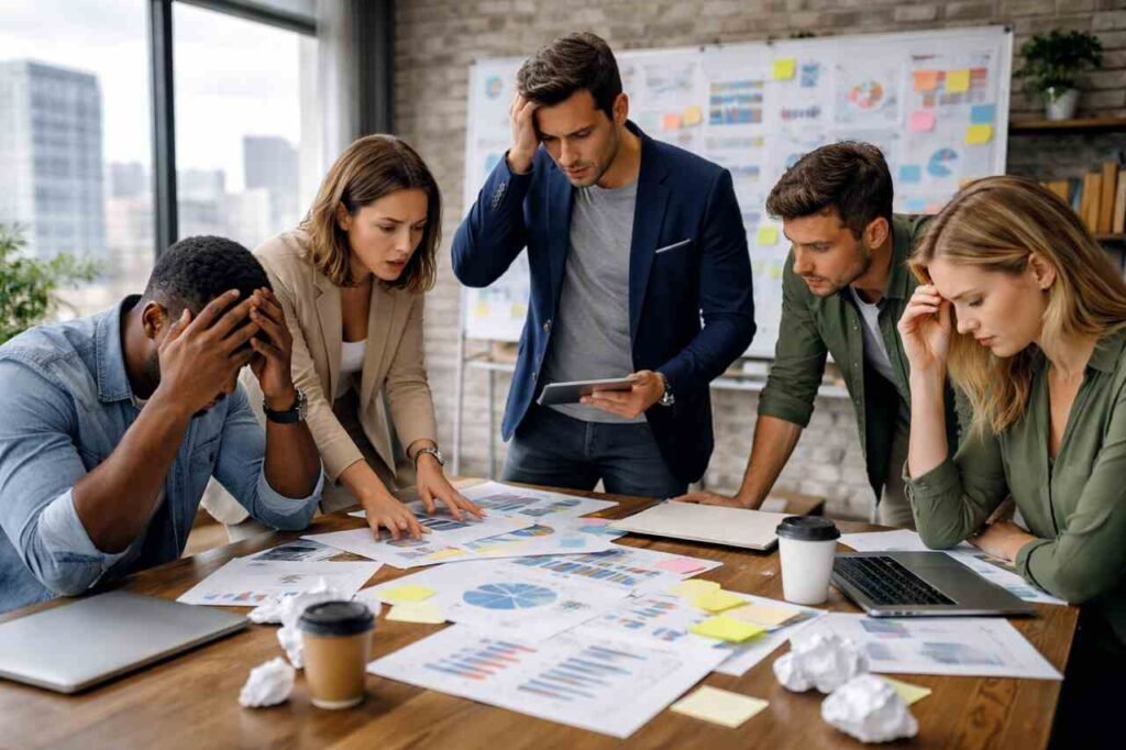 Frustrated startup team analyzing failed business strategies in office.