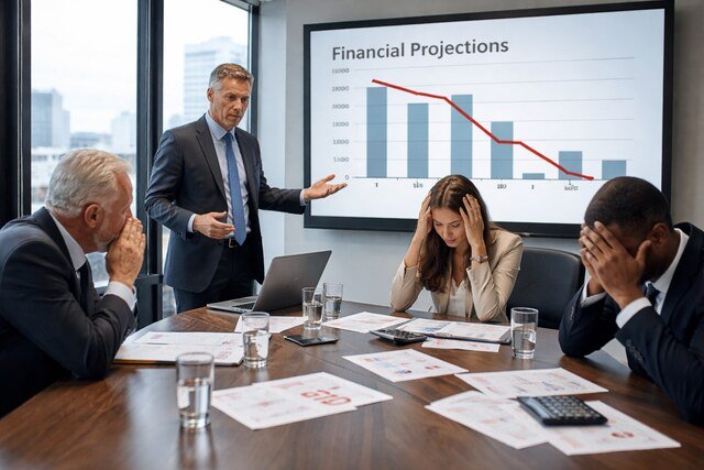 Investors distressed over failing financial projections in a meeting.