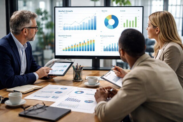 Team reviewing market validation data to support investor decisions.