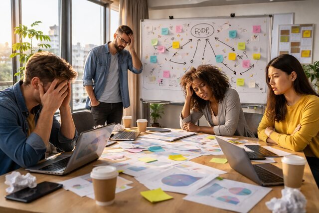 Frustrated startup team struggling with misaligned goals in an office setting