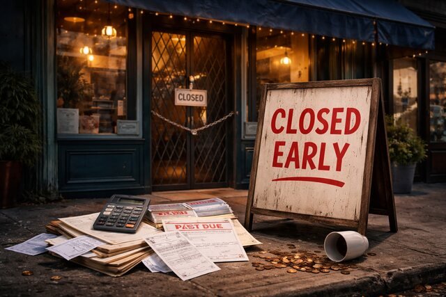 Closed shop with past due bills and financial documents scattered outside.