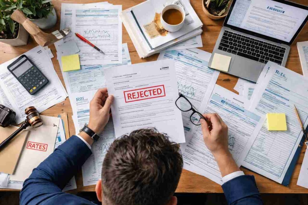 Rejected business documents on a cluttered desk representing registration mistakes.