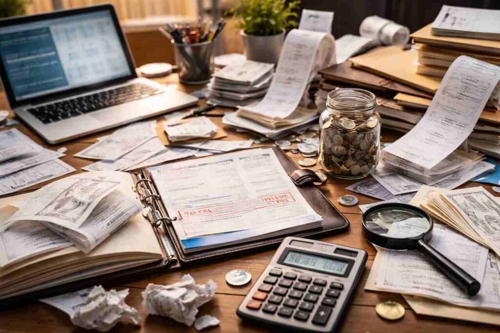 Startup desk with hidden costs including receipts, coins, and calculator.