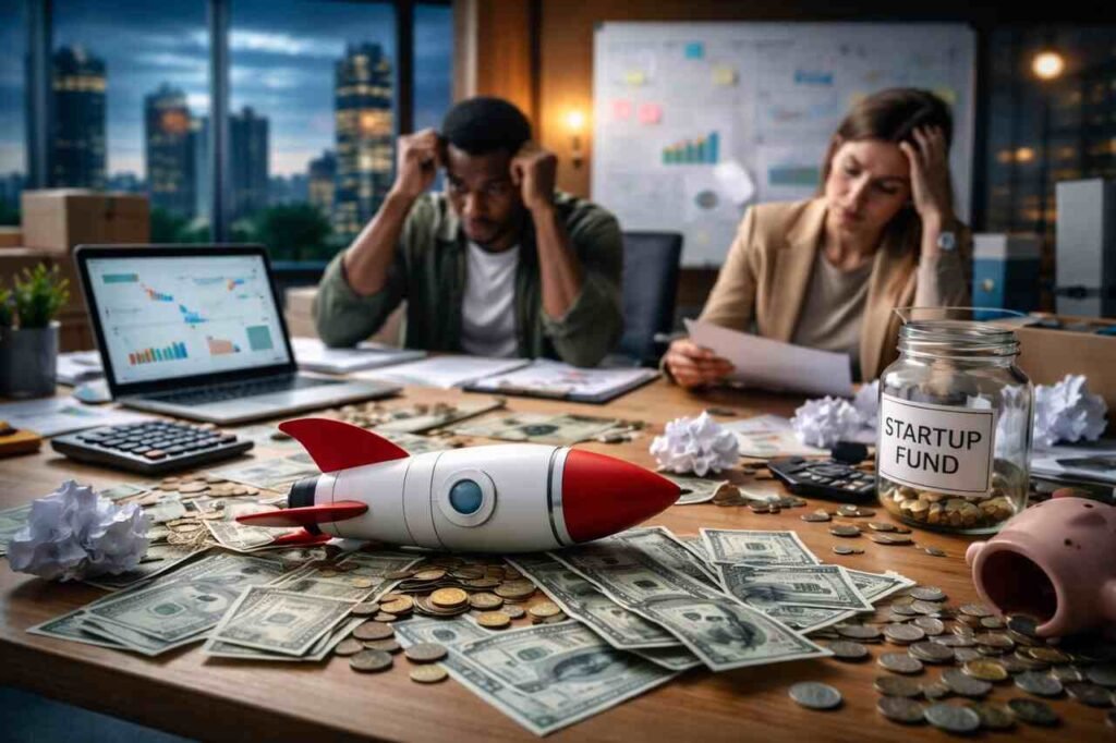 Stressed startup founders with scattered cash and a fallen rocket model.