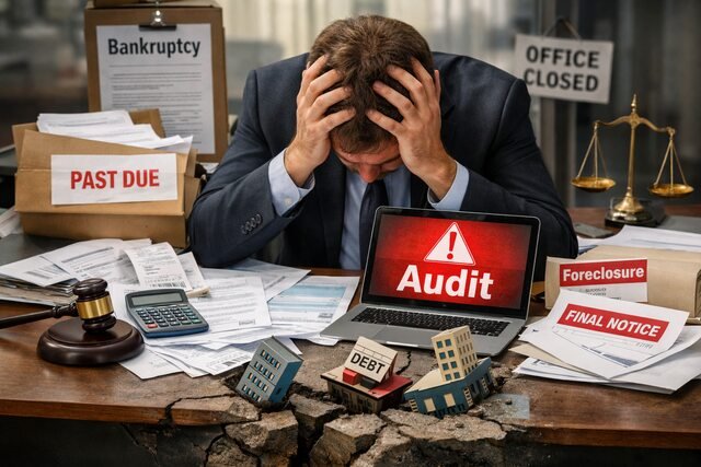 Businessman overwhelmed by audit and debt paperwork.
