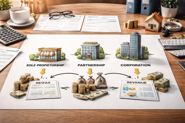 Diagram showing taxation and revenue differences by business structure.