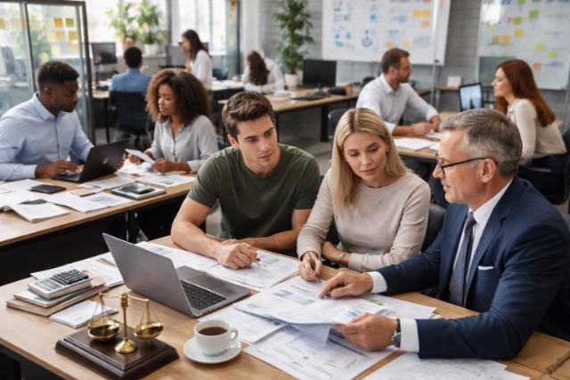 Startup founders consulting a lawyer in a busy office setting