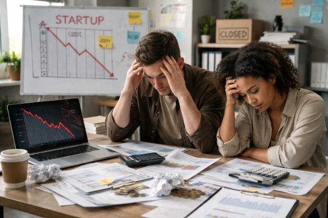 Startup founders overwhelmed by financial failure.