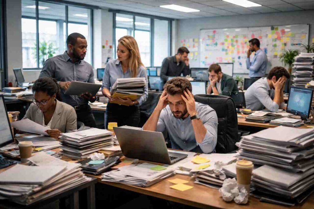 How Poor Workflow Systems Reduce Productivity in US Businesses Stressed employees in a cluttered office reflecting poor workflow systems