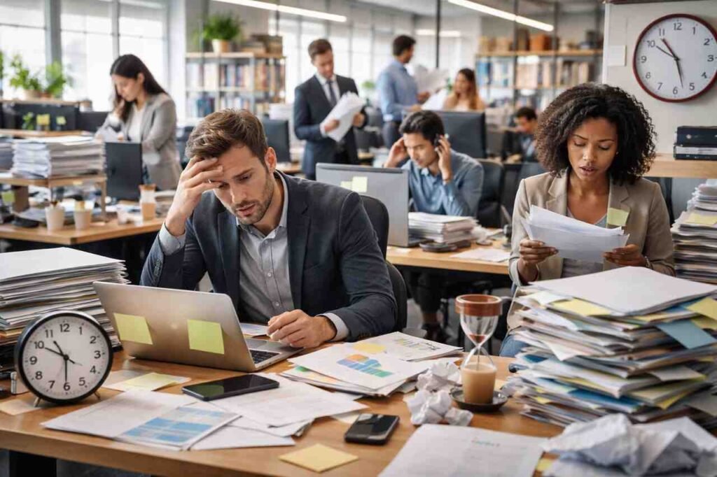 Stressed office workers surrounded by paperwork, showing productivity loss from inefficiencies.