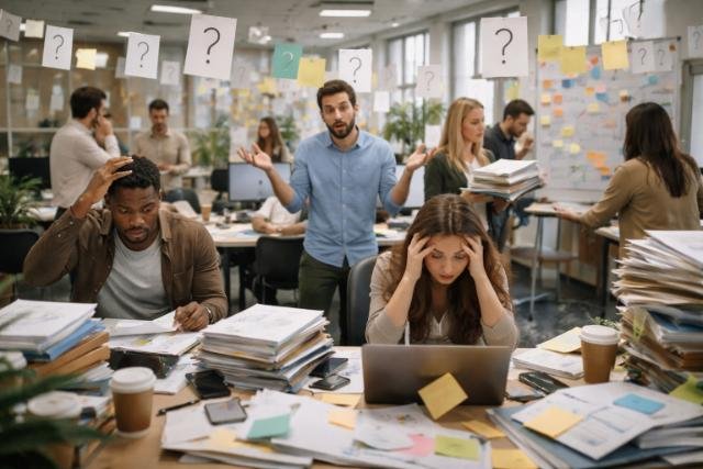 Stressed employees in a cluttered office overwhelmed by workflow confusion