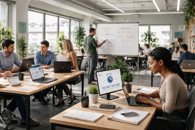 Focused and distracted employees in a modern office, illustrating workplace time management challenges.