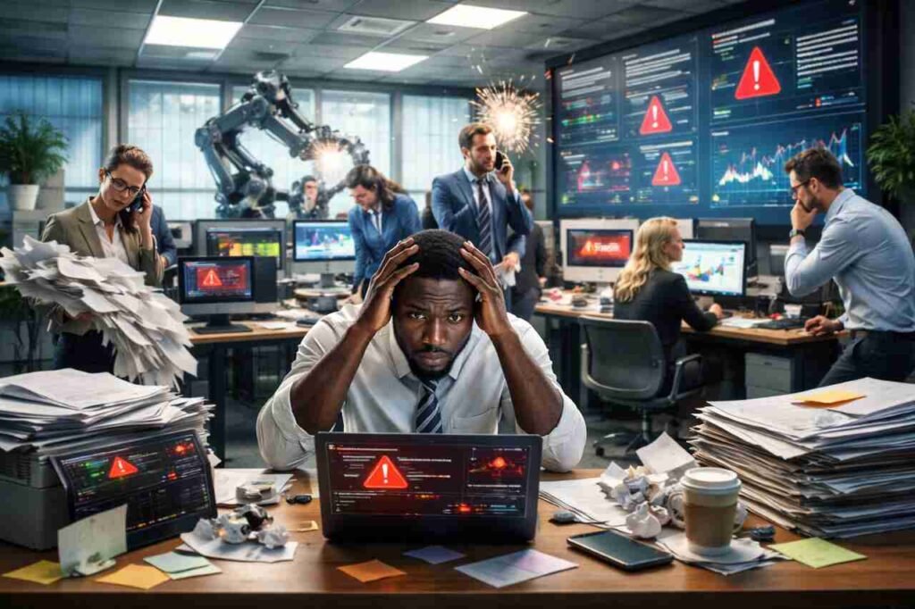 Stressed office workers dealing with automation system failures.