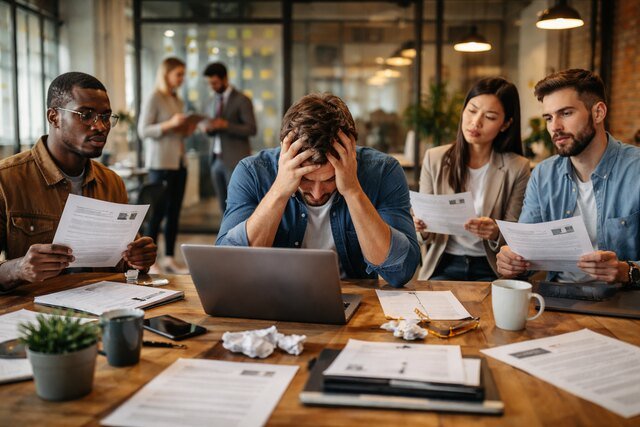 Stressed startup founder surrounded by resumes and interview candidates.