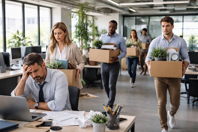 Employees leaving office with boxes due to poor leadership.