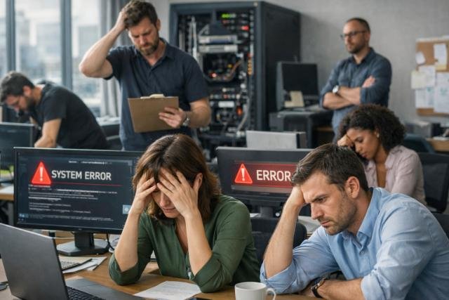 Frustrated employees in an office affected by automation failure
