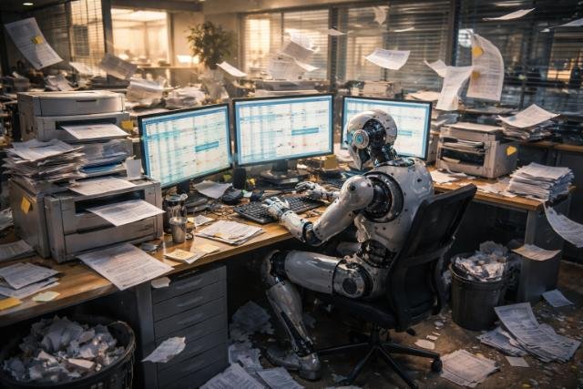 Robot overwhelmed by automating inefficient tasks in cluttered office