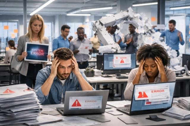 Employees frustrated by automation errors in a modern office.