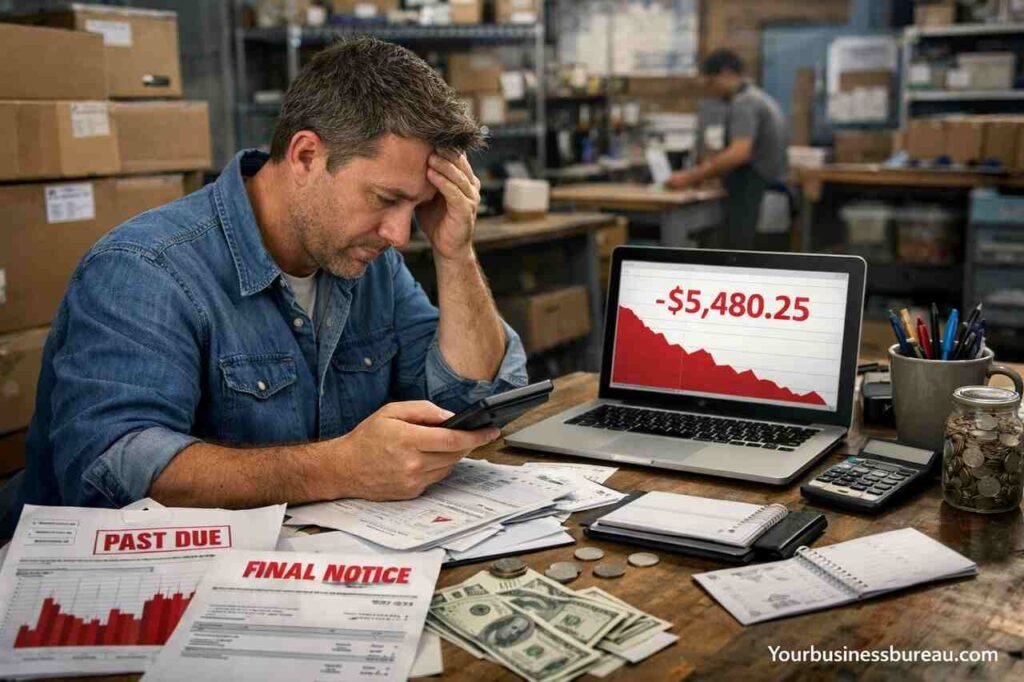 Stressed small business owner reviewing finances and cash flow issues