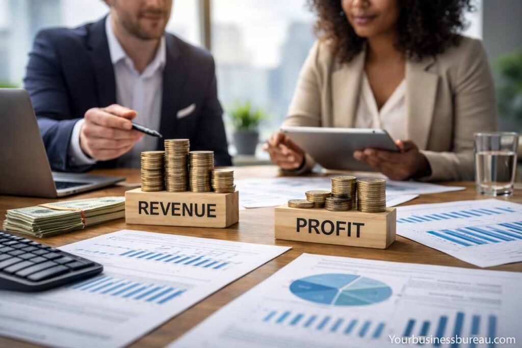 Entrepreneurs comparing revenue and profit using coin stacks and financial charts.