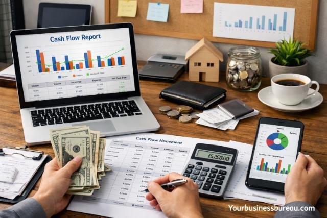 Business owner tracking cash flow using digital tools and documents.