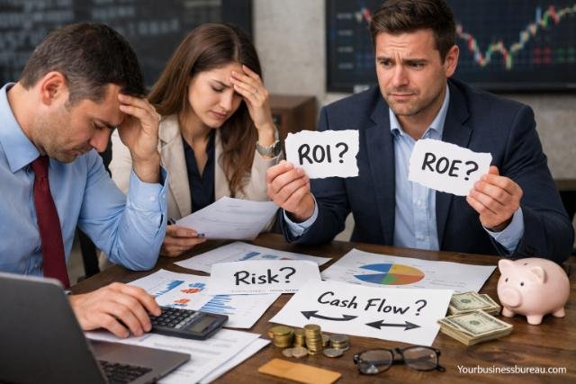 Confused business team reviewing financial terms and data.