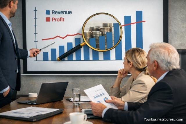 Presenter showing misleading revenue and profit charts during investor pitch.