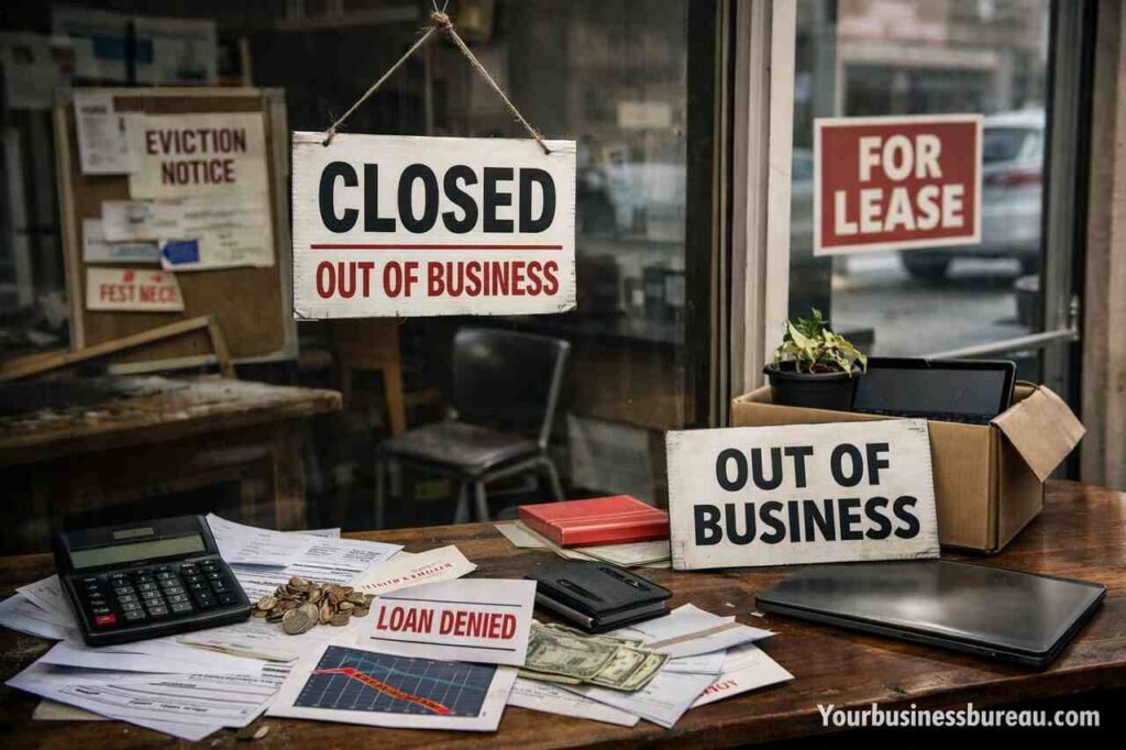 Closed small business with financial distress signs and documents.