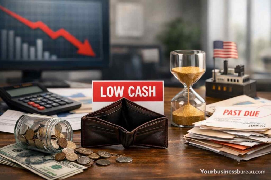 Empty wallet and overdue bills showing cash flow problems in U.S. businesses