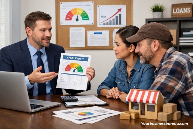 Loan officer showing credit report to small business owners