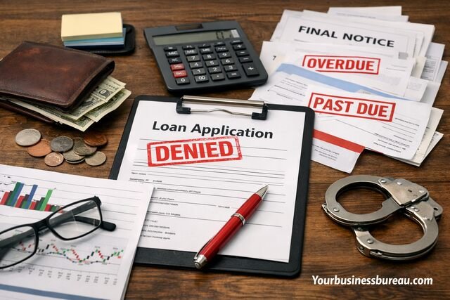 Denied loan application with overdue bills and financial distress items.