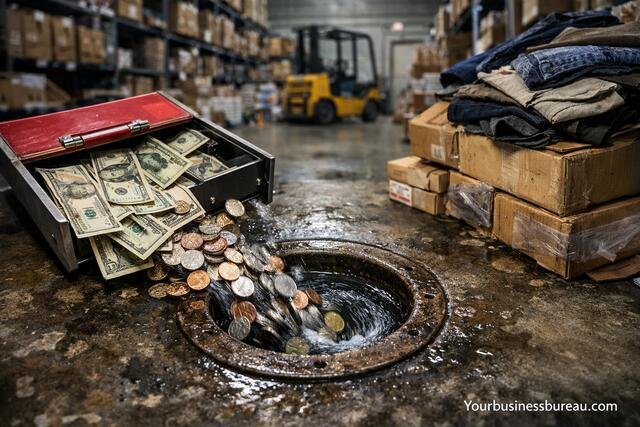 Cash and coins spilling into a drain in a warehouse, symbolizing inventory mismanagement.