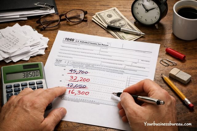 Correcting tax return math errors with calculator and documents on desk.