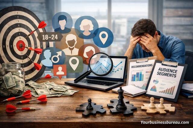 Frustrated marketer with charts and targeting icons showing digital campaign failure