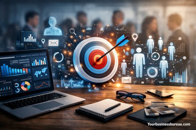 Data analytics and target symbol representing audience targeting strategy.