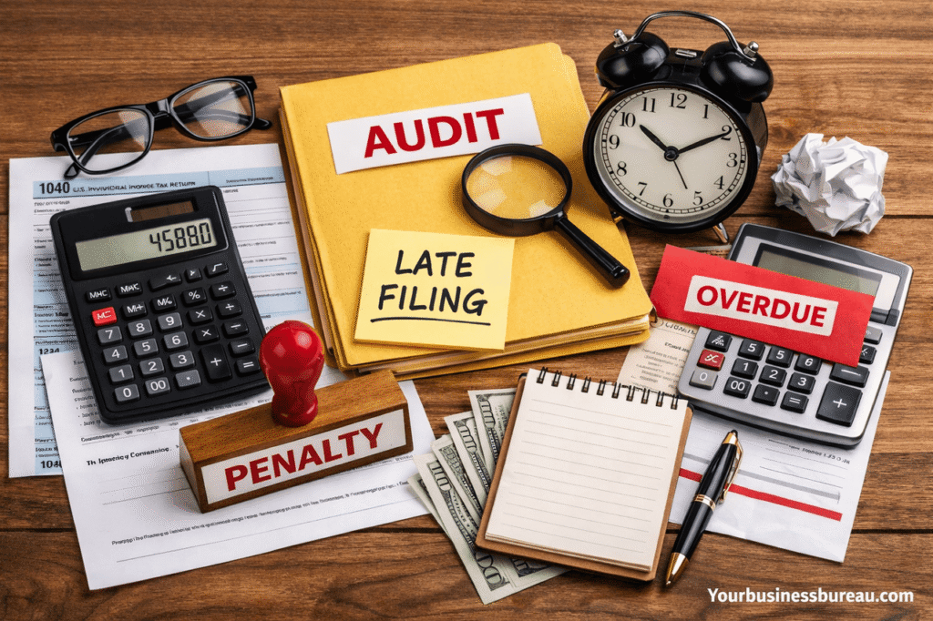 Tax Filing Errors That Trigger IRS Penalties: A Detailed Guide for Accurate Filing IRS tax documents with penalty and audit alerts on a desk