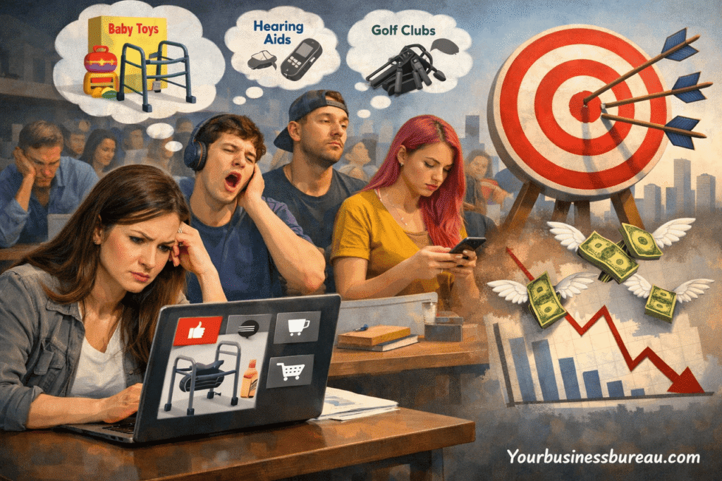 Frustrated marketer with irrelevant ads and missed target in online campaign.