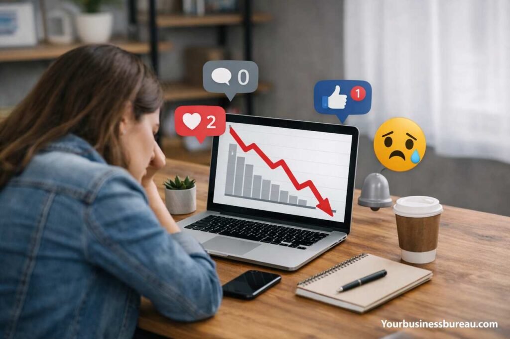 Woman looking at declining social media engagement graph on laptop.