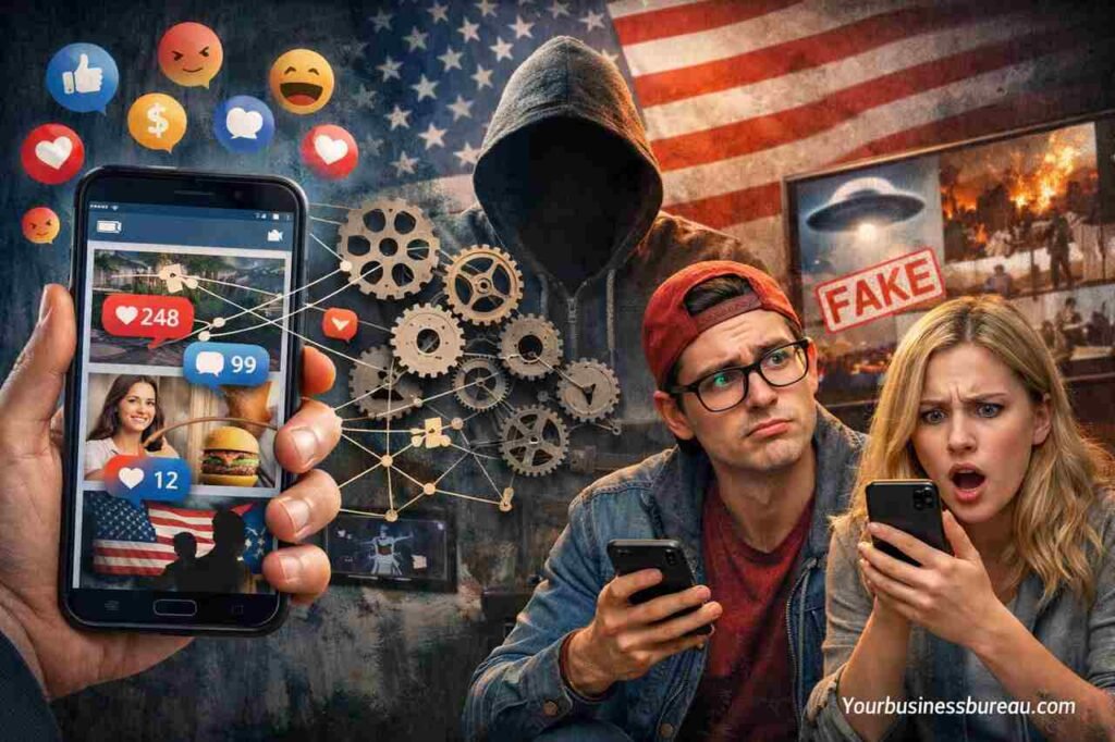 Confused users reacting to manipulated social media feeds with U.S. flag and digital elements in the background.