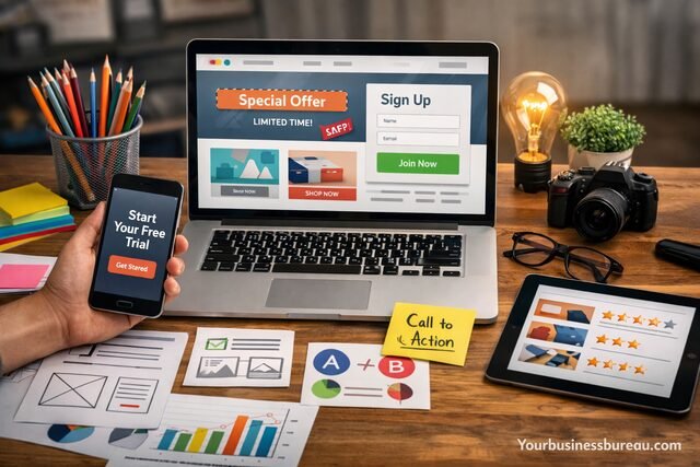 Content design elements on desk showing how they influence conversions.