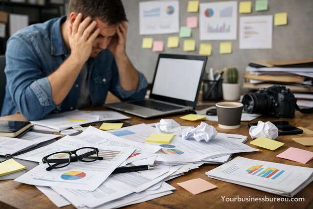 Frustrated man at messy desk with charts and laptop