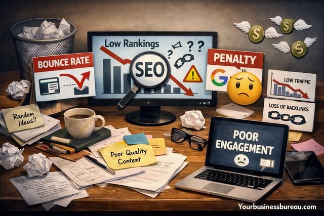 Cluttered desk showing poor SEO strategy with low rankings and engagement issues.