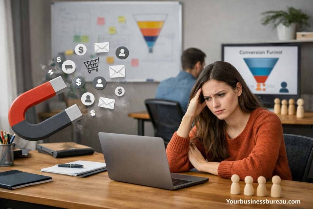 Why Content That Gets Traffic but No Leads in the US Fails to Convert and How to Fix It Woman frustrated by content not converting despite high traffic.