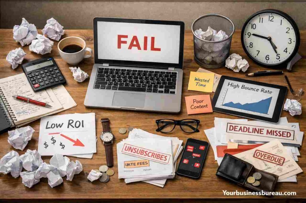 Desk with signs of content strategy failure like low ROI and high bounce rate.