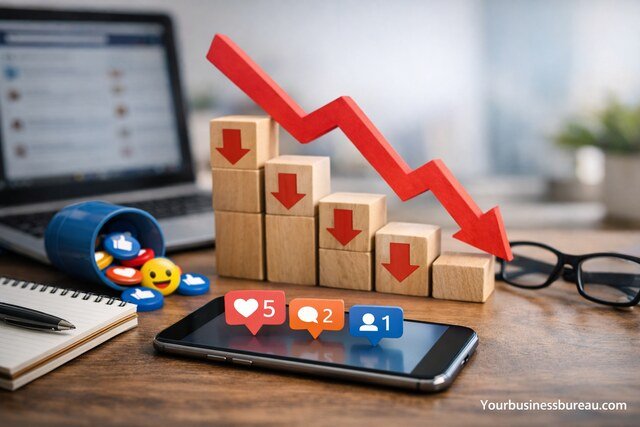 Declining social media engagement icons on smartphone with downward trend graph.