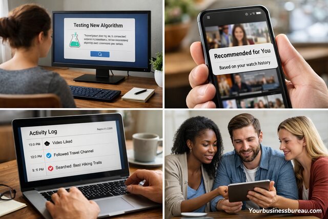 People engaging with algorithm transparency tools across devices.