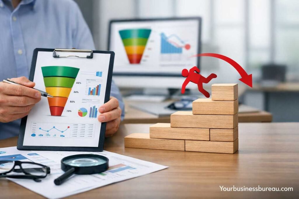 Businessman analyzing sales funnel drop-off data and customer loss metrics.