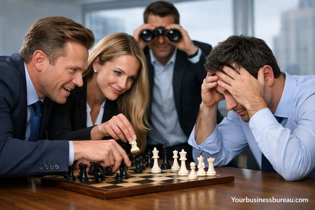 Business professionals playing chess symbolizing market competition strategy.