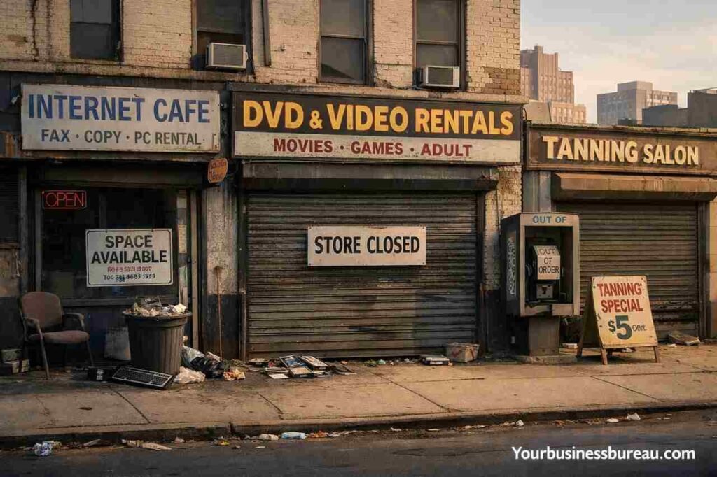 Abandoned city storefronts of outdated businesses like DVD rental and tanning salon